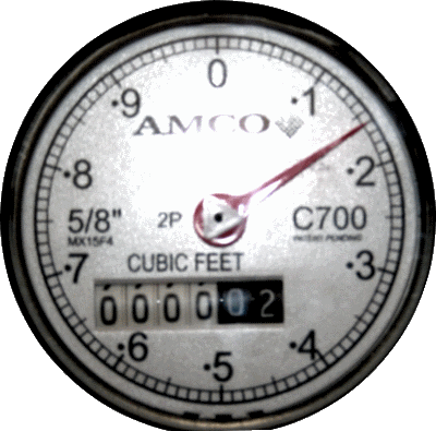 One revolution of the water meter sweep hand (the dial pointing between 1 and 2) equals 1 cubic foot or 7.48 gallons. 